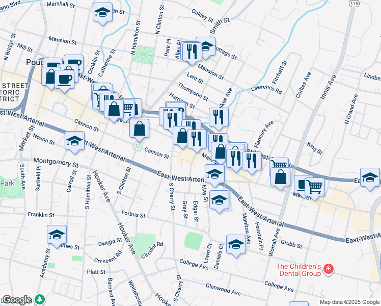 map of restaurants, bars, coffee shops, grocery stores, and more near 534 Main Street in Poughkeepsie