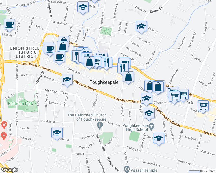 map of restaurants, bars, coffee shops, grocery stores, and more near 152 Cannon Street in Poughkeepsie