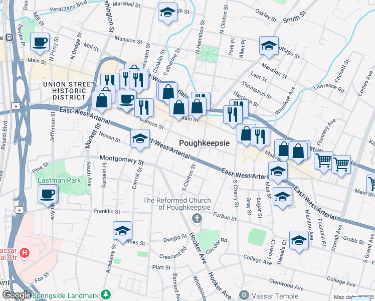map of restaurants, bars, coffee shops, grocery stores, and more near 241 Church Street in Poughkeepsie