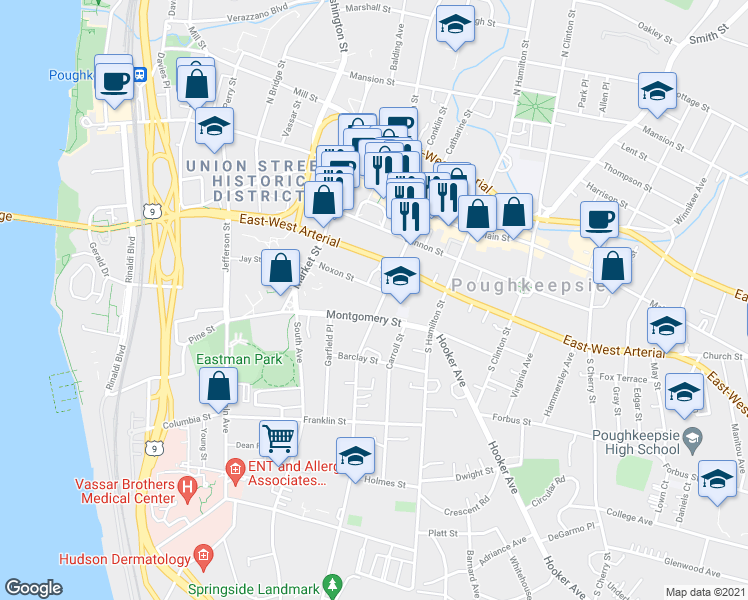 map of restaurants, bars, coffee shops, grocery stores, and more near 74 Academy Street in Poughkeepsie