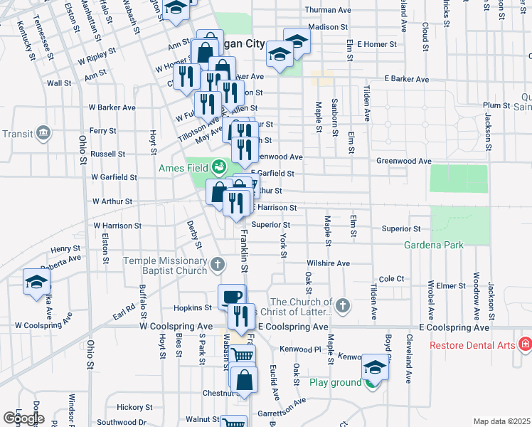 map of restaurants, bars, coffee shops, grocery stores, and more near 101-199 E Harrison St in Michigan City