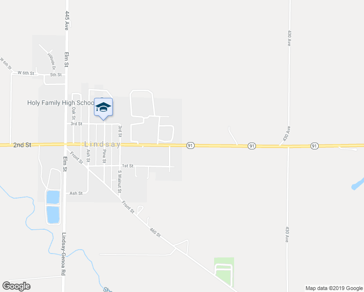 map of restaurants, bars, coffee shops, grocery stores, and more near E 2nd St in Lindsay