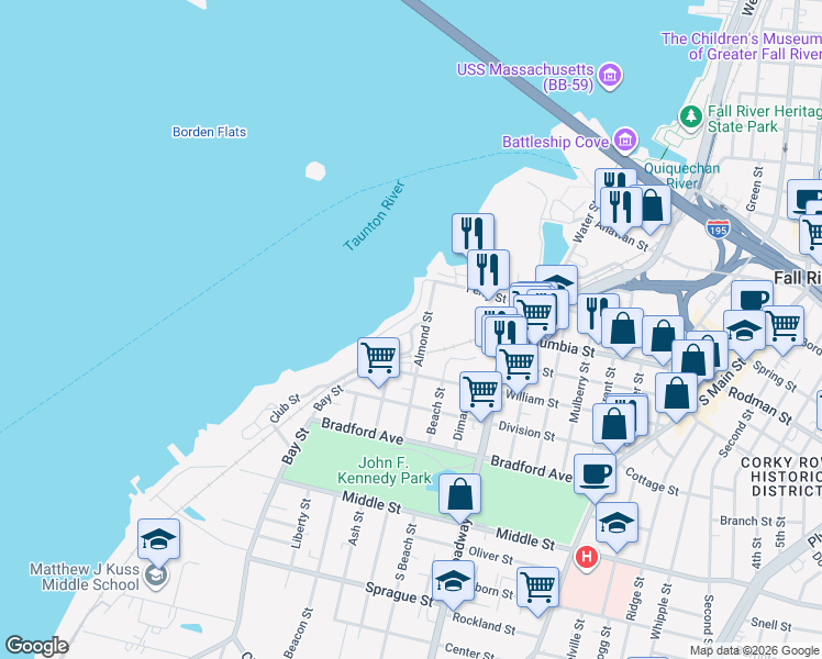 map of restaurants, bars, coffee shops, grocery stores, and more near Shore Drive in Fall River