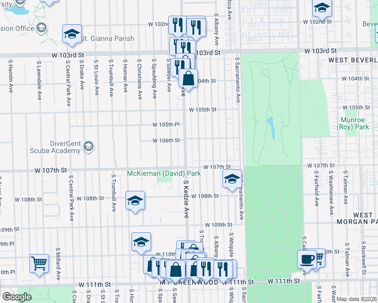map of restaurants, bars, coffee shops, grocery stores, and more near 10625 South Kedzie Avenue in Chicago
