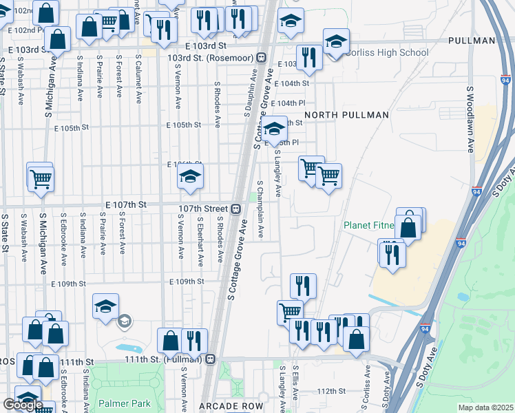 map of restaurants, bars, coffee shops, grocery stores, and more near 615 East 107th Street in Chicago