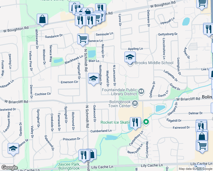 map of restaurants, bars, coffee shops, grocery stores, and more near 137 Mayfield Drive in Bolingbrook