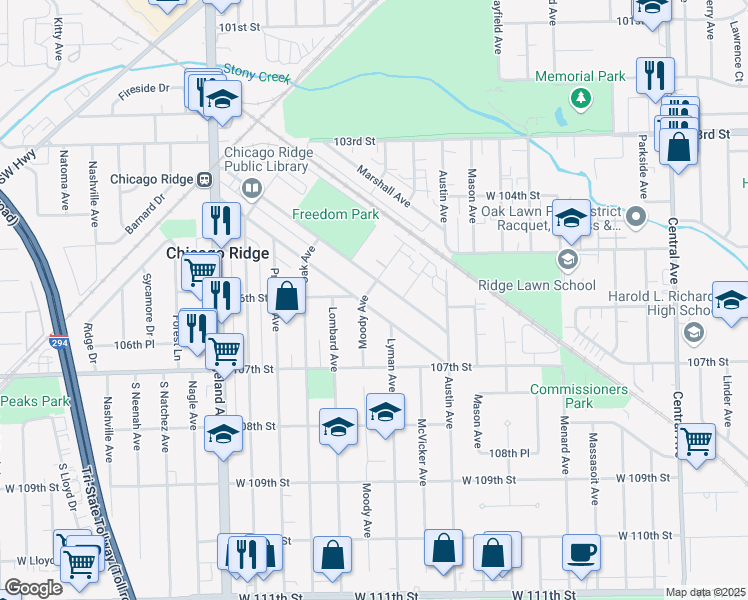 map of restaurants, bars, coffee shops, grocery stores, and more near 6132 Washington St in Chicago Ridge