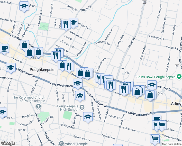 map of restaurants, bars, coffee shops, grocery stores, and more near 25 Jewett Avenue in Poughkeepsie