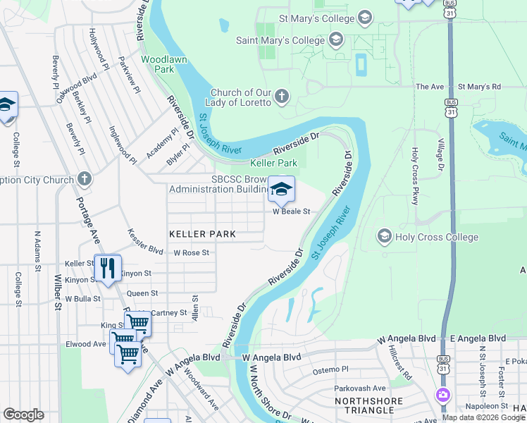 map of restaurants, bars, coffee shops, grocery stores, and more near 801 West Beale Street in South Bend