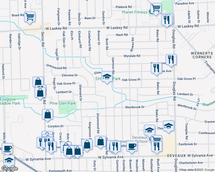 map of restaurants, bars, coffee shops, grocery stores, and more near 4530 Elmhurst Road in Toledo