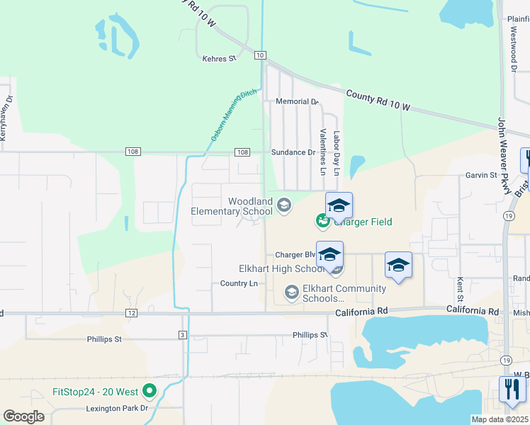 map of restaurants, bars, coffee shops, grocery stores, and more near 1220 County Road 3 in Elkhart