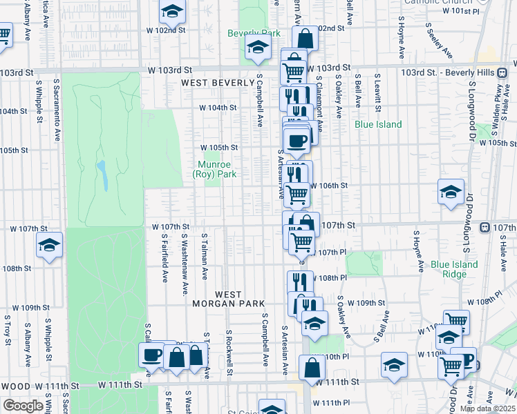 map of restaurants, bars, coffee shops, grocery stores, and more near 10630 South Campbell Avenue in Chicago