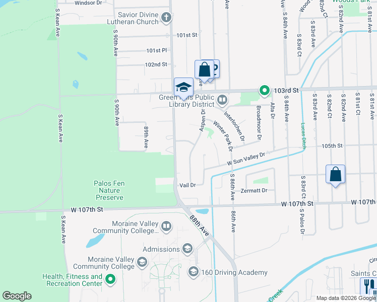 map of restaurants, bars, coffee shops, grocery stores, and more near 10504 Aspen Drive in Palos Hills