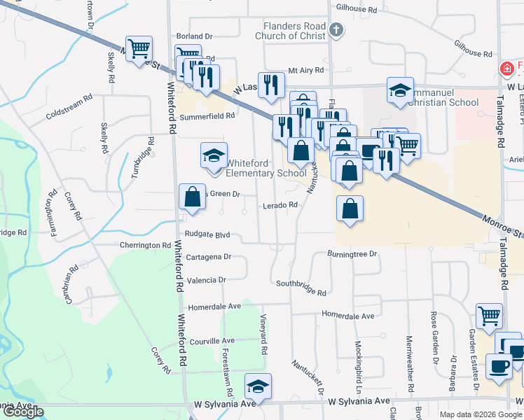 map of restaurants, bars, coffee shops, grocery stores, and more near 4558 Vineyard Road in Toledo