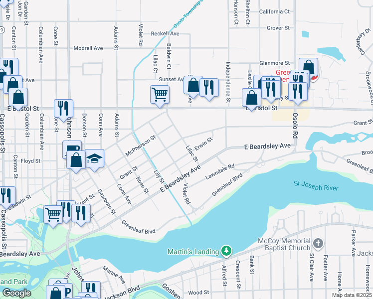 map of restaurants, bars, coffee shops, grocery stores, and more near 907 Lilac St in Elkhart