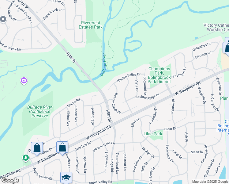 map of restaurants, bars, coffee shops, grocery stores, and more near 251 Beaver Creek Drive in Bolingbrook
