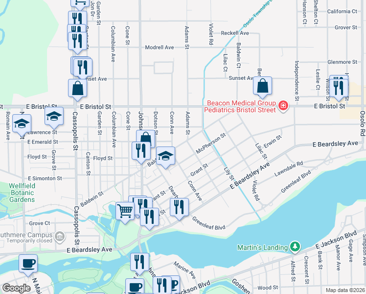 map of restaurants, bars, coffee shops, grocery stores, and more near 1101-1199 Rose Street in Elkhart