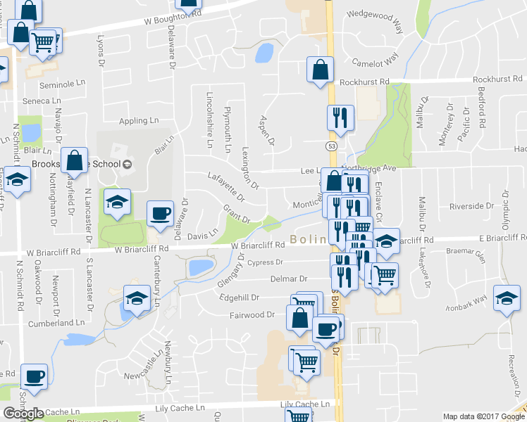 map of restaurants, bars, coffee shops, grocery stores, and more near 196 Grant Drive in Bolingbrook