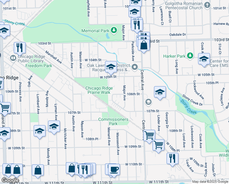 map of restaurants, bars, coffee shops, grocery stores, and more near 5730 106th Street in Chicago Ridge