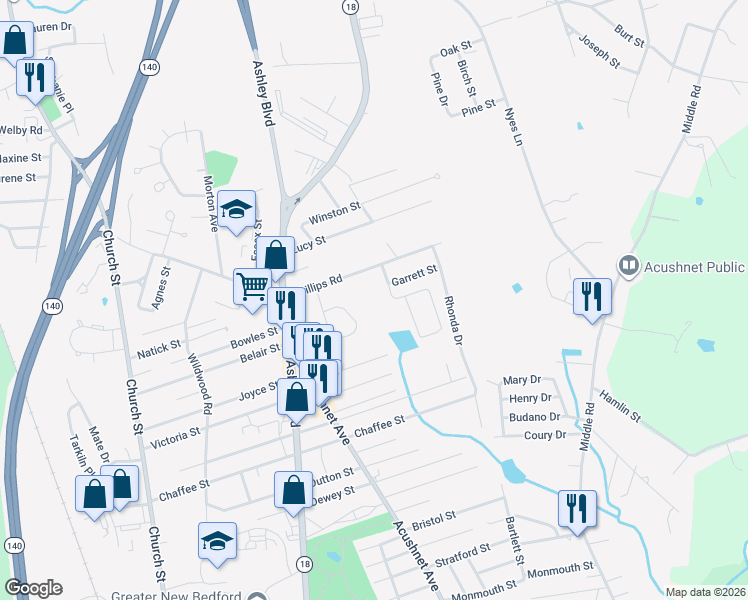 map of restaurants, bars, coffee shops, grocery stores, and more near 250 Fitzgerald Dr in New Bedford