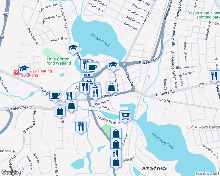 map of restaurants, bars, coffee shops, grocery stores, and more near 133 Pleasant Street in Warwick