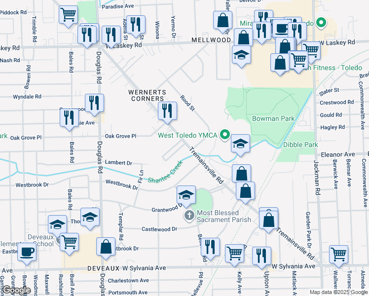 map of restaurants, bars, coffee shops, grocery stores, and more near 2147 Tremainsville Road in Toledo