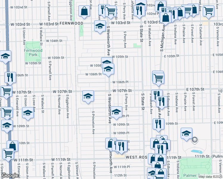 map of restaurants, bars, coffee shops, grocery stores, and more near 10657 South Wentworth Avenue in Chicago