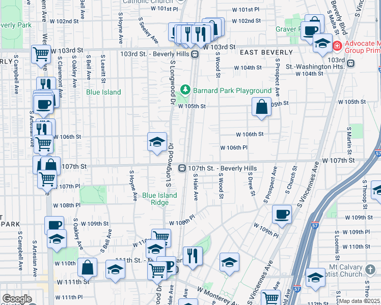 map of restaurants, bars, coffee shops, grocery stores, and more near 10633 South Hale Avenue in Chicago