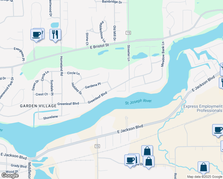 map of restaurants, bars, coffee shops, grocery stores, and more near 22901 Greenleaf Boulevard in Elkhart