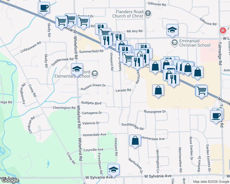 map of restaurants, bars, coffee shops, grocery stores, and more near 4558 Vineyard Road in Toledo