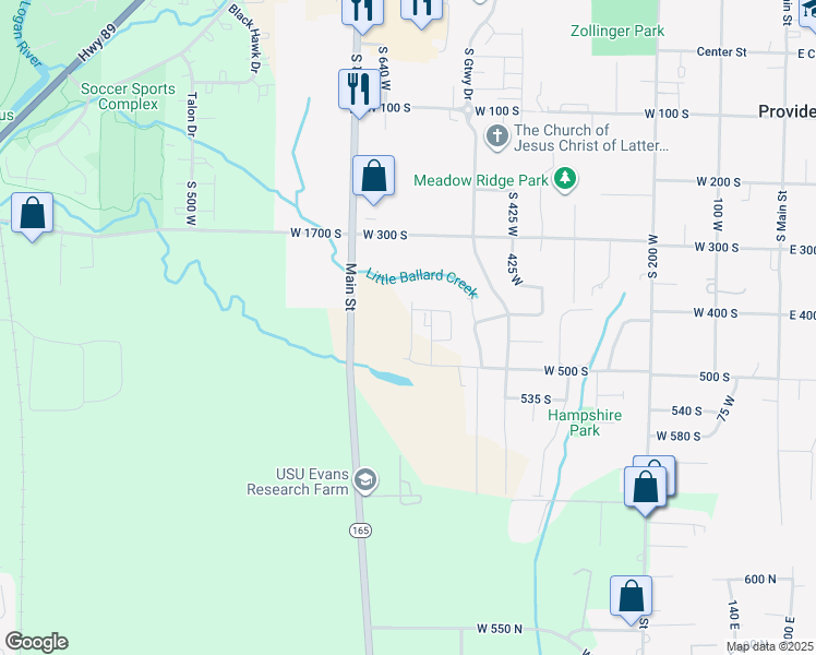 map of restaurants, bars, coffee shops, grocery stores, and more near 437 South 580 West in Providence