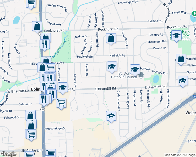 map of restaurants, bars, coffee shops, grocery stores, and more near 233 Riverside Drive in Bolingbrook