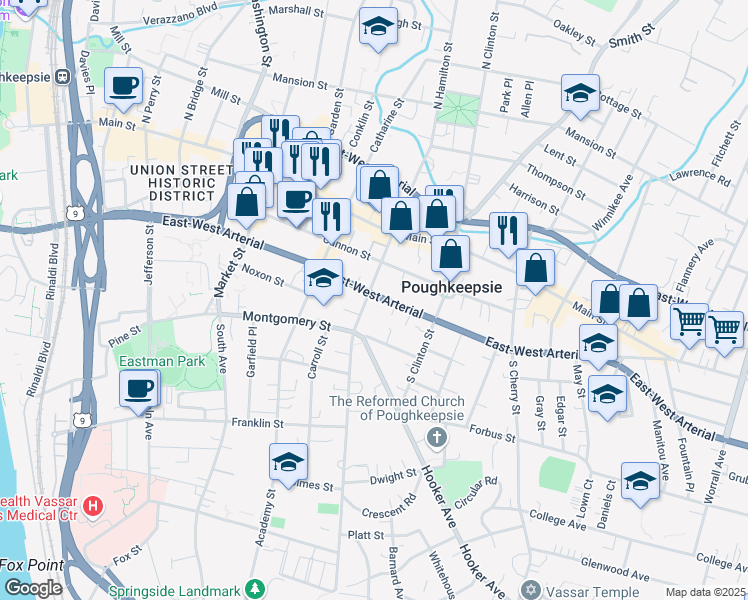 map of restaurants, bars, coffee shops, grocery stores, and more near 230 East-West Arterial in Poughkeepsie