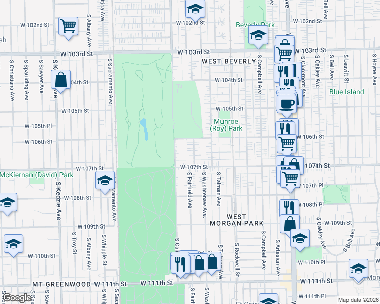 map of restaurants, bars, coffee shops, grocery stores, and more near 10628 South Fairfield Avenue in Chicago
