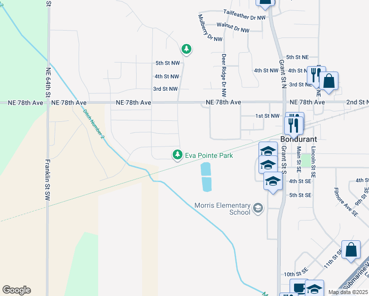 map of restaurants, bars, coffee shops, grocery stores, and more near 86 Mallard Pointe Drive Northwest in Bondurant