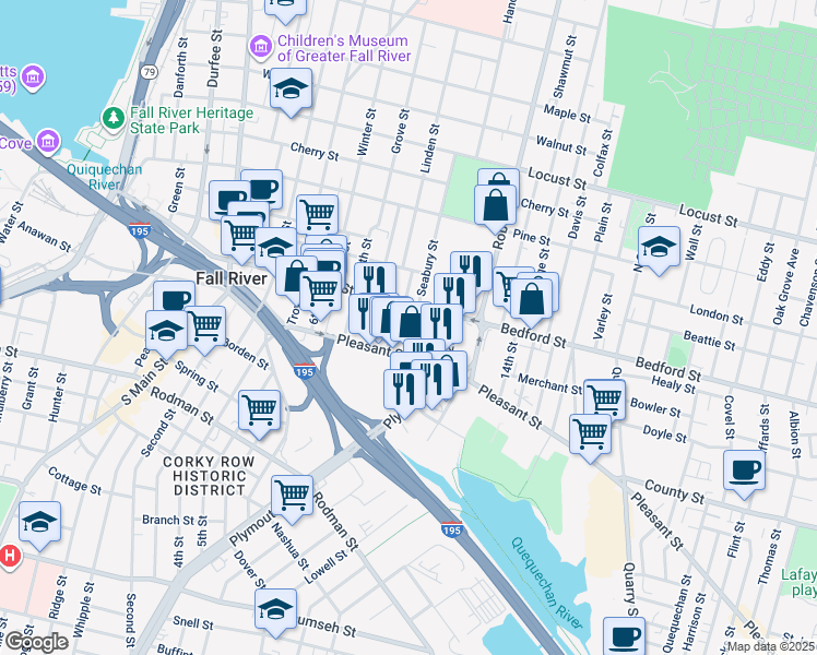 map of restaurants, bars, coffee shops, grocery stores, and more near 45 10th Street in Fall River