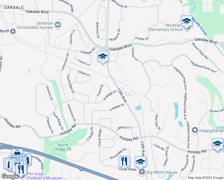 map of restaurants, bars, coffee shops, grocery stores, and more near 1901 Farrel Drive in Coralville