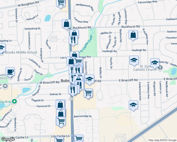 map of restaurants, bars, coffee shops, grocery stores, and more near 110A Enclave Circle in Bolingbrook