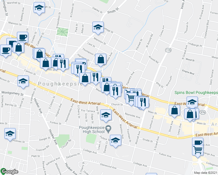 map of restaurants, bars, coffee shops, grocery stores, and more near 19 Pershing Avenue in Poughkeepsie