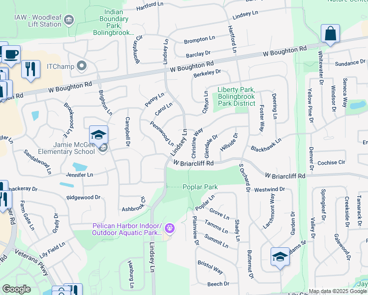 map of restaurants, bars, coffee shops, grocery stores, and more near 160 Lindsey Lane in Bolingbrook