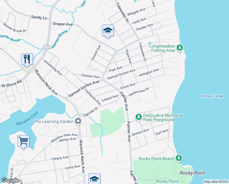 map of restaurants, bars, coffee shops, grocery stores, and more near 278 Grove Avenue in Warwick
