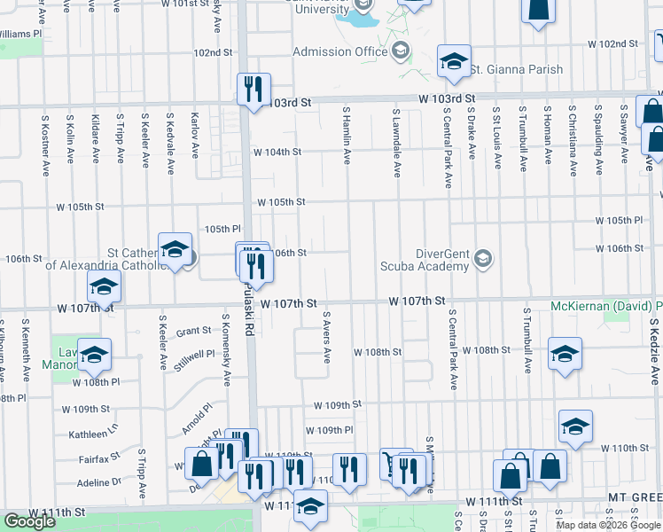 map of restaurants, bars, coffee shops, grocery stores, and more near 10615 South Avers Avenue in Chicago