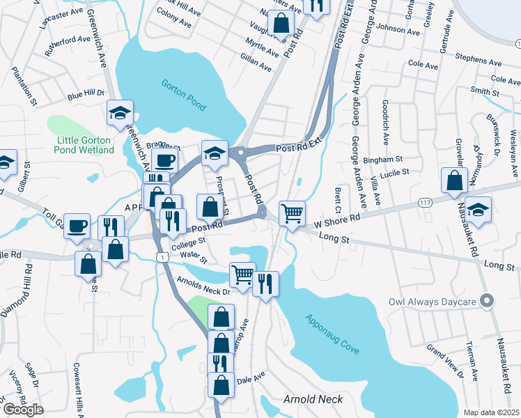 map of restaurants, bars, coffee shops, grocery stores, and more near Post Road in Warwick