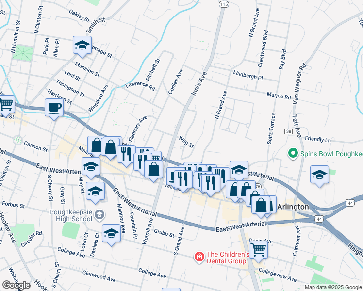map of restaurants, bars, coffee shops, grocery stores, and more near 20 Radcliffe Road in Poughkeepsie