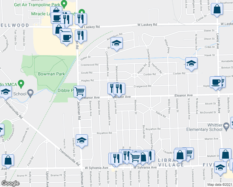 map of restaurants, bars, coffee shops, grocery stores, and more near 1526 Eleanor Ave in Toledo