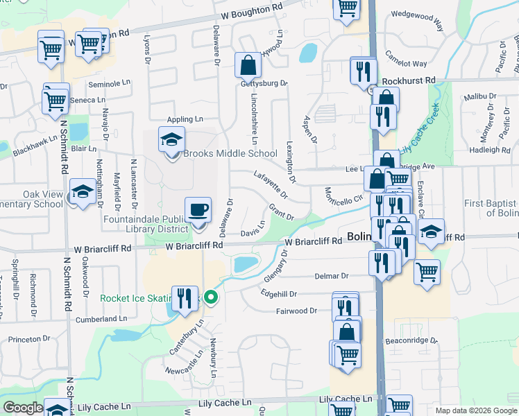 map of restaurants, bars, coffee shops, grocery stores, and more near 222 Davis Lane in Bolingbrook