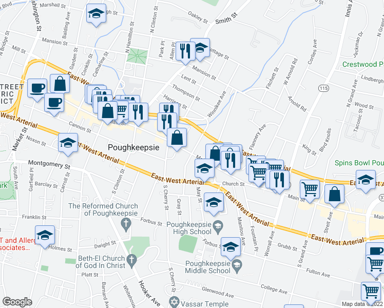 map of restaurants, bars, coffee shops, grocery stores, and more near Main Street & South White Street in Poughkeepsie