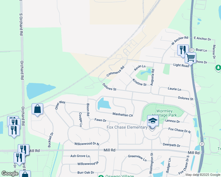 map of restaurants, bars, coffee shops, grocery stores, and more near 190 Dolores Street in Oswego