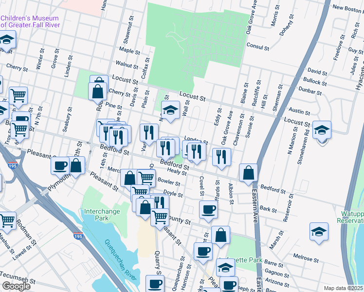 map of restaurants, bars, coffee shops, grocery stores, and more near 124 Beattie Street in Fall River