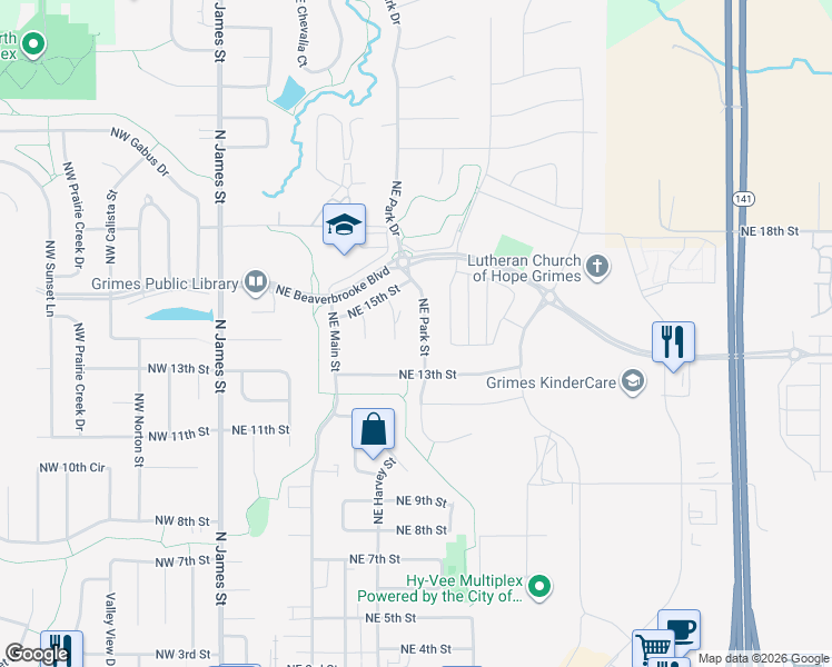map of restaurants, bars, coffee shops, grocery stores, and more near 1412 Northeast Park Street in Grimes